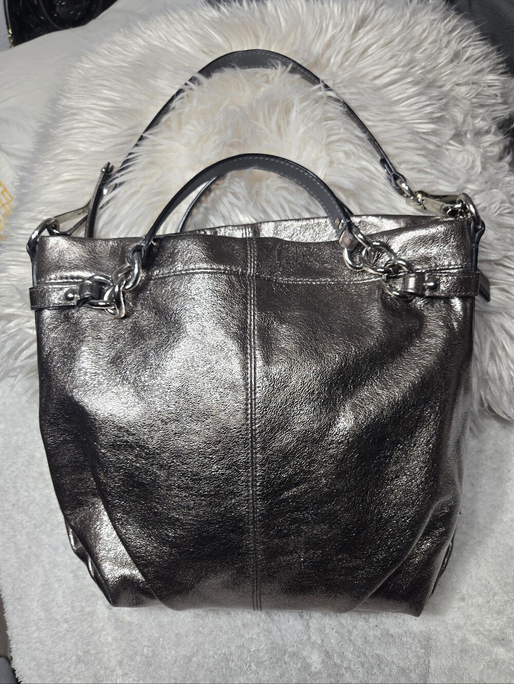 COACH Brooke Handbag Leather Pewter Silver Metallic Hobo Bag Purse F17165